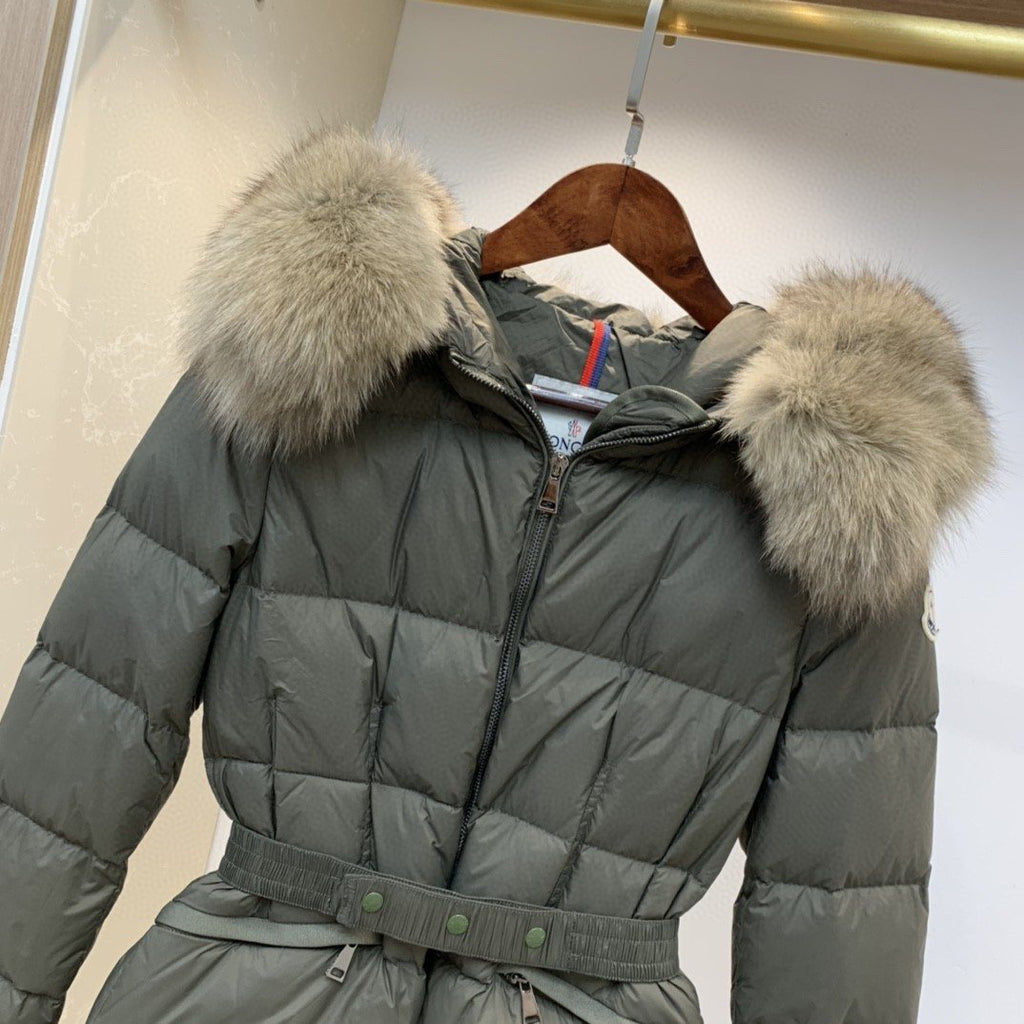 Moncler Fur-Trim Belted Puffer Coat