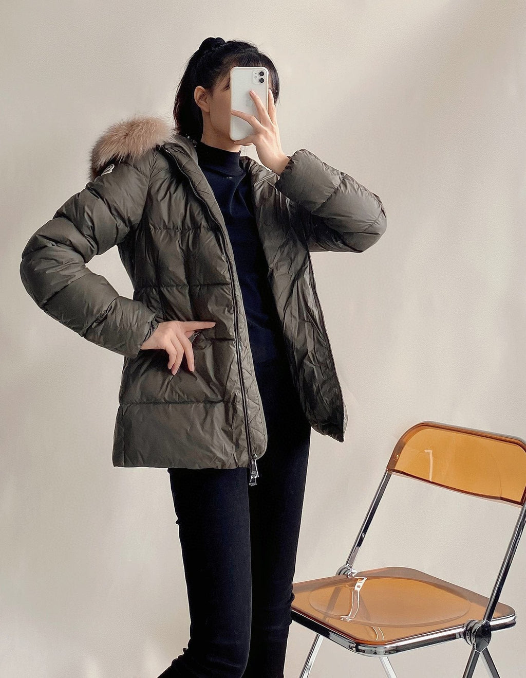 Moncler Fur-Trim Belted Puffer Coat