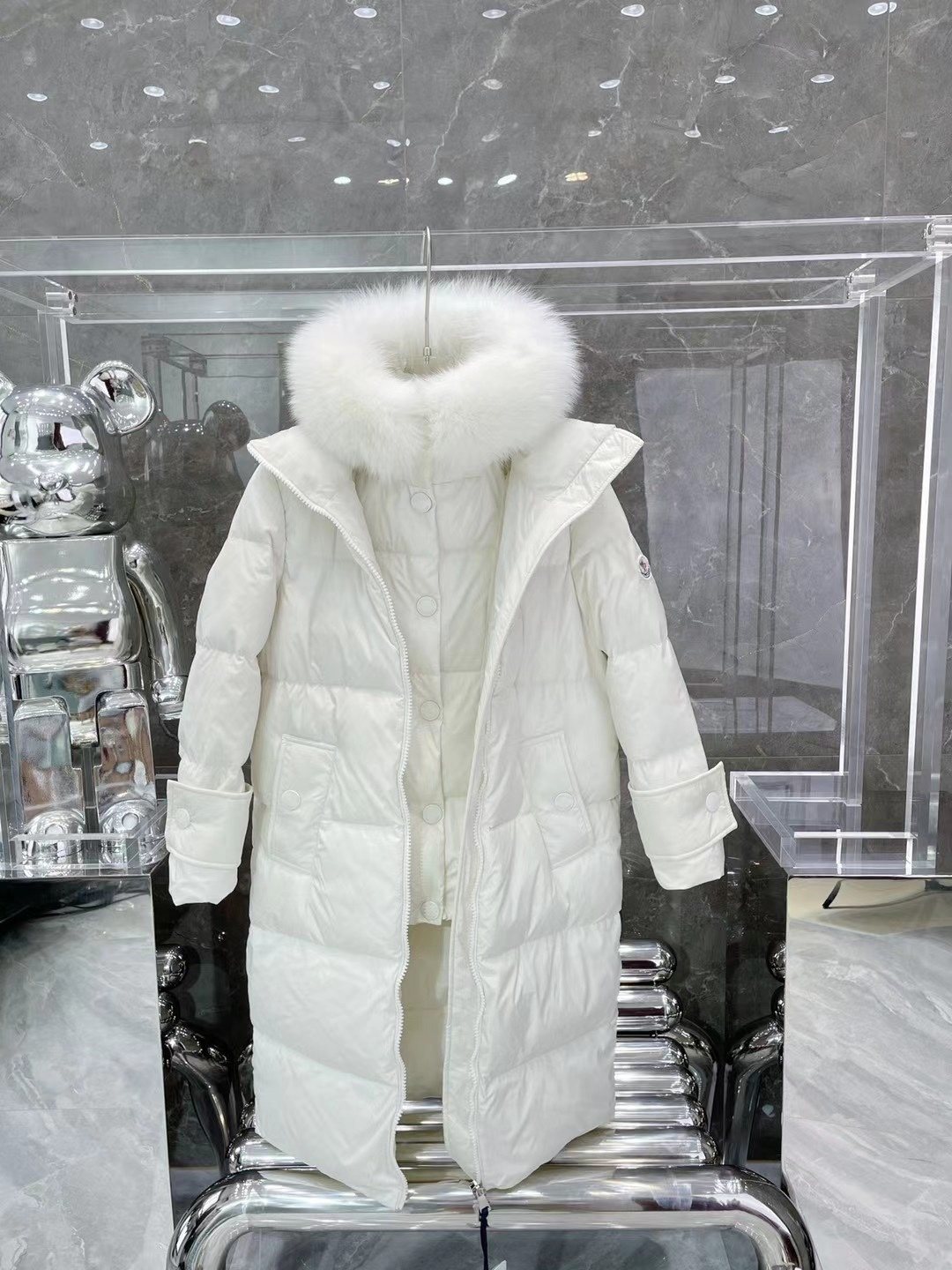 Moncler White Fur-Trim Hood Long Down Coat