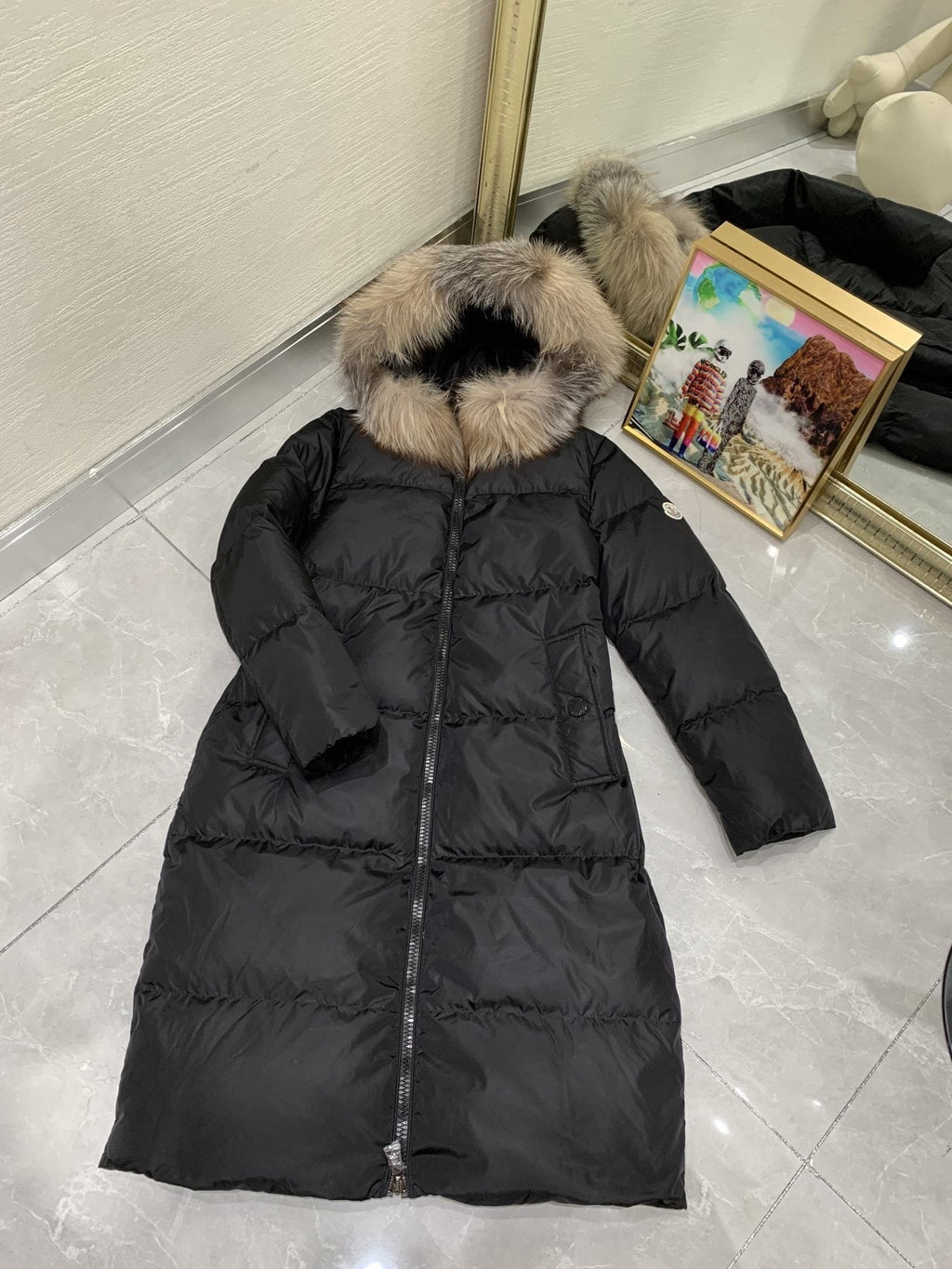 Moncler Hooded Fur-Trim Long Down Coat