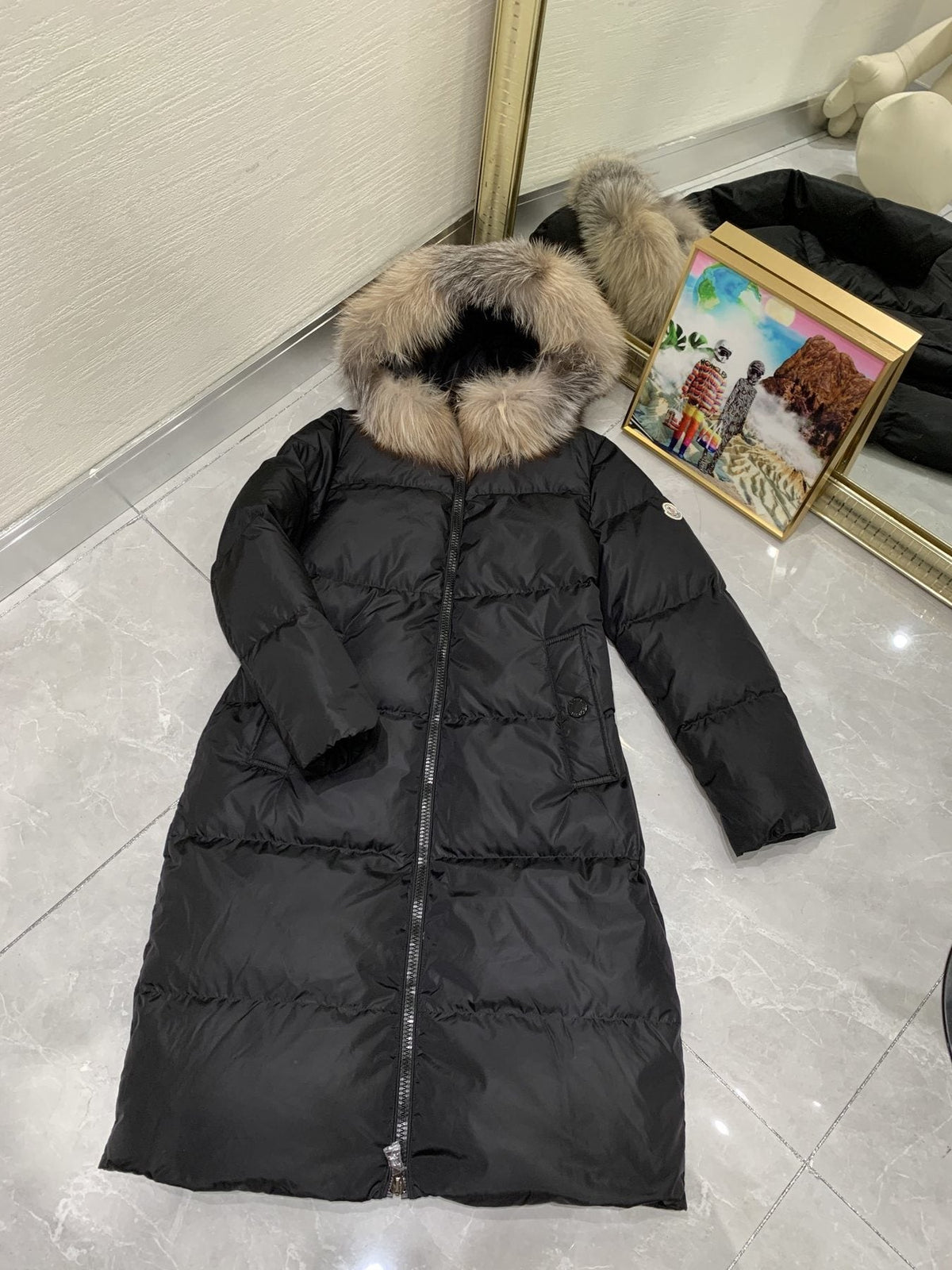 Moncler Hooded Fur-Trim Long Down Coat