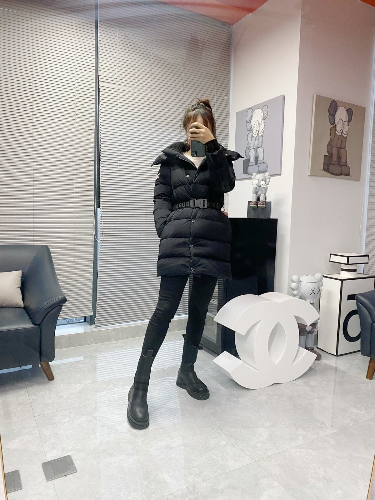 Burberry Women's Black Belted Hooded Long Down Jacket