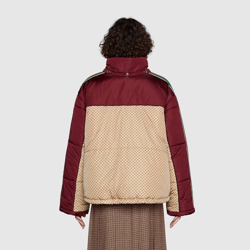 GUCCI Burgundy Monogram Color-Block Hooded Short Down Jacket