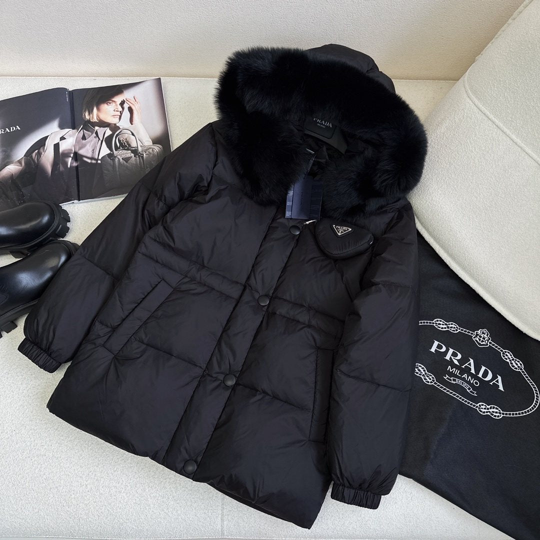 Prada Fur-Trim Hooded Puffer Jacket with Detachable Pouch