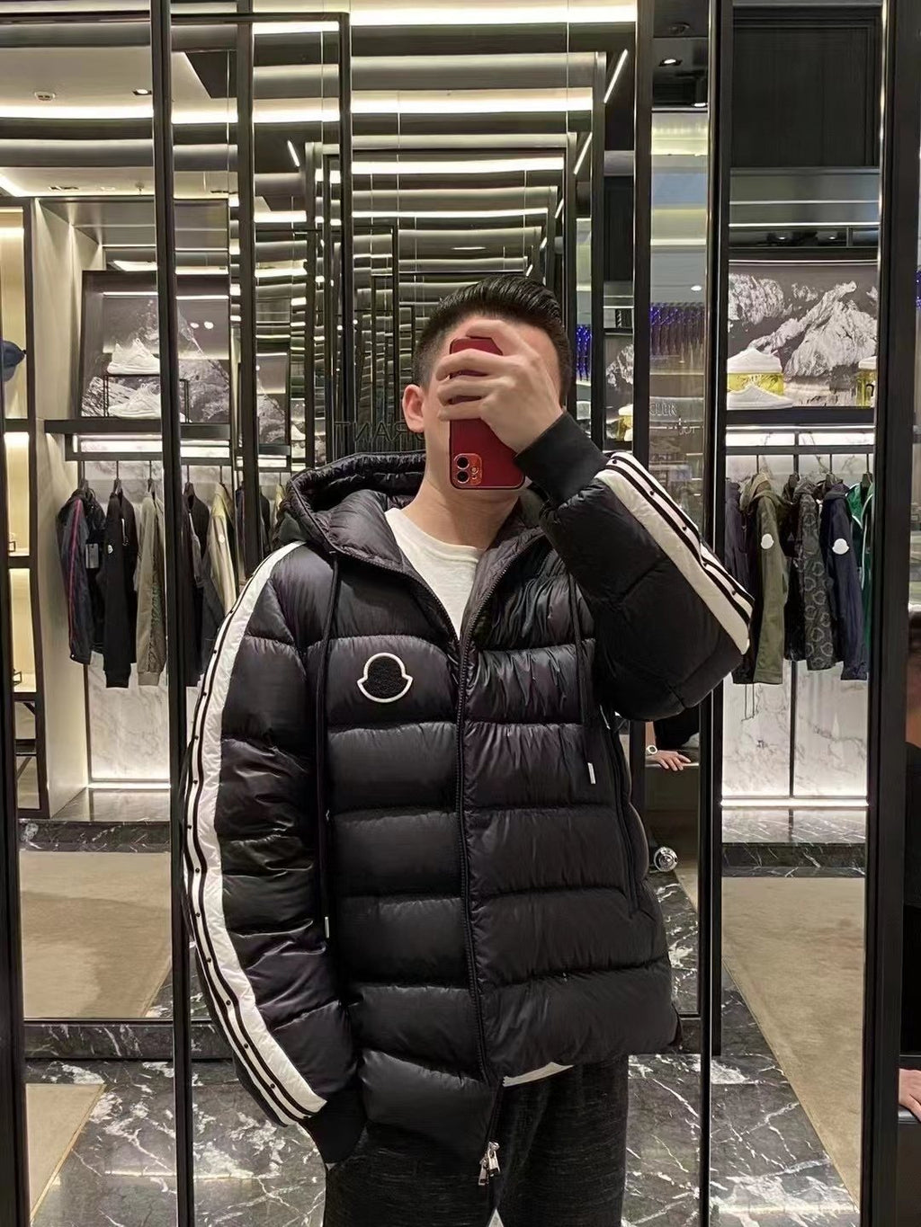 Moncler Hooded Striped-Sleeve Puffer Coat