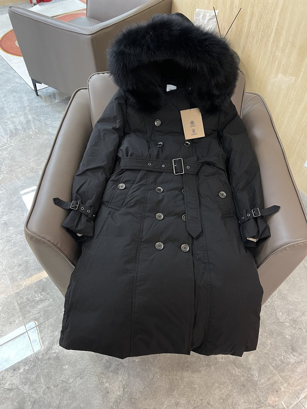 Burberry Fox Fur-Trim Belted Long Down Jacket