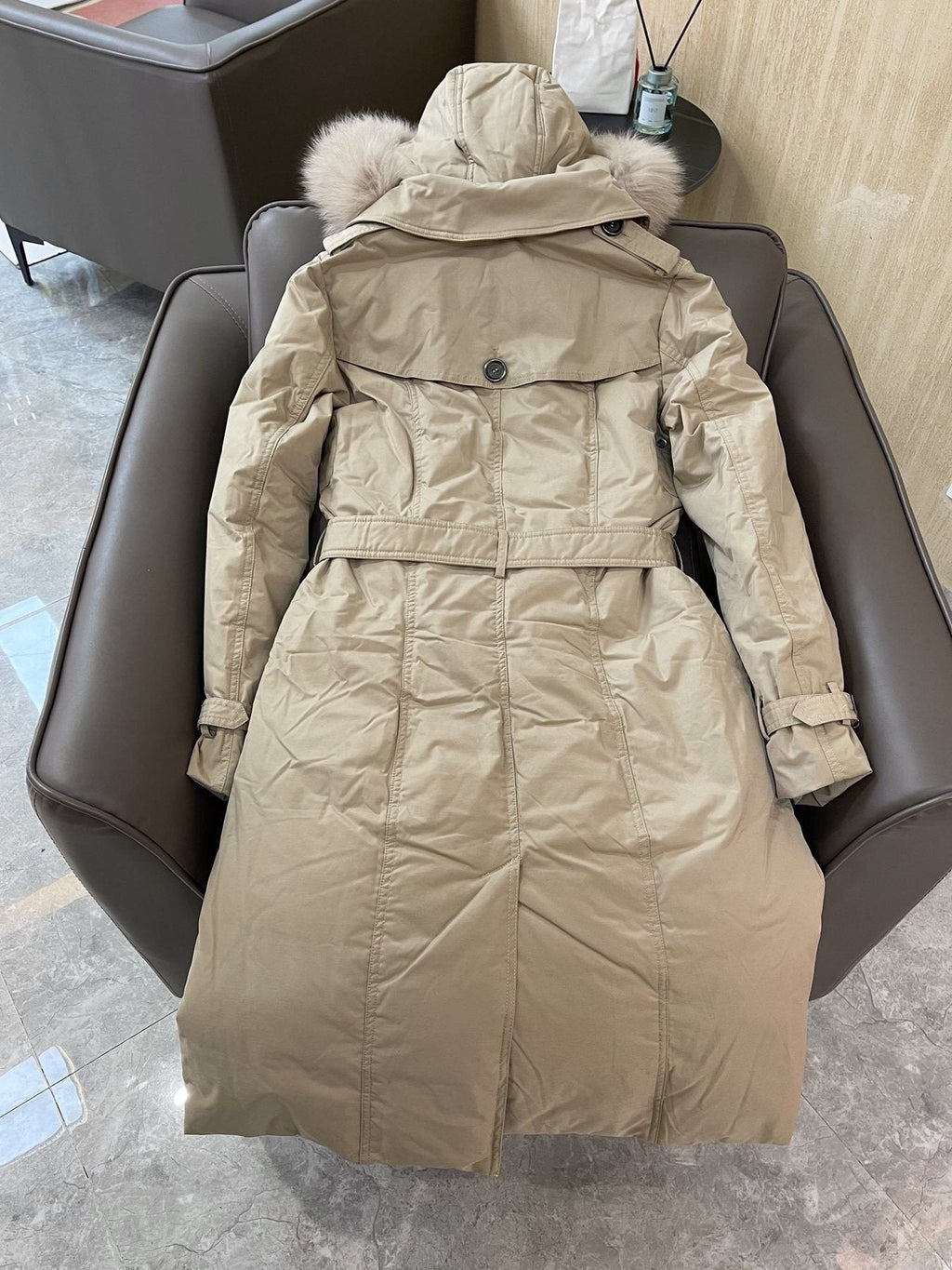 Burberry Fox Fur-Trim Belted Long Down Jacket