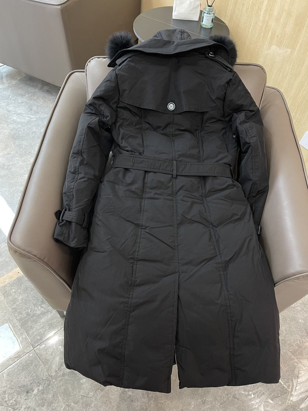 Burberry Fur-Trim Hooded Long Down Jacket