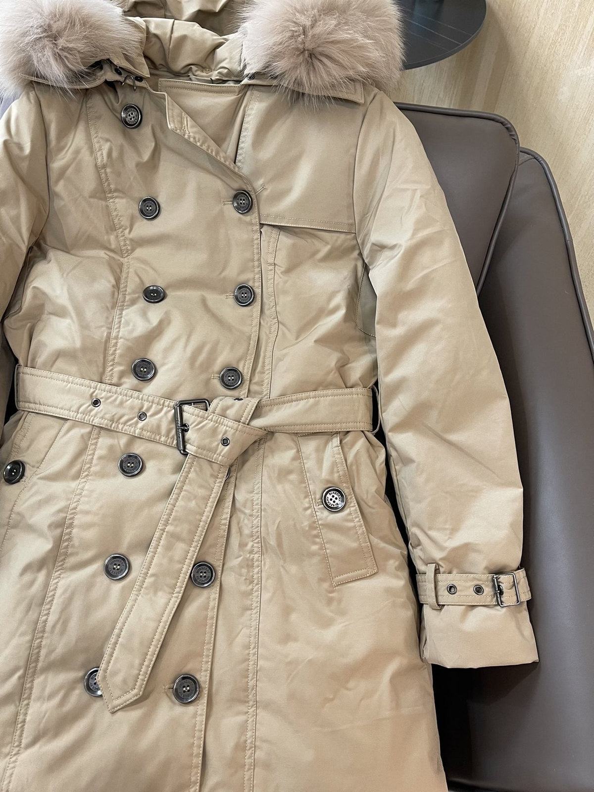 Burberry Fur-Trim Hooded Long Down Jacket