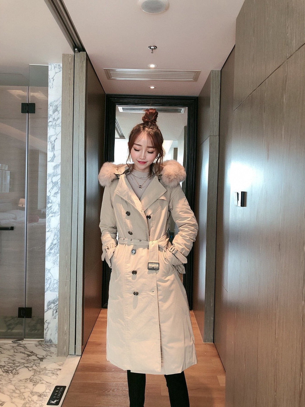 Burberry Fox Fur-Trim Belted Long Down Jacket