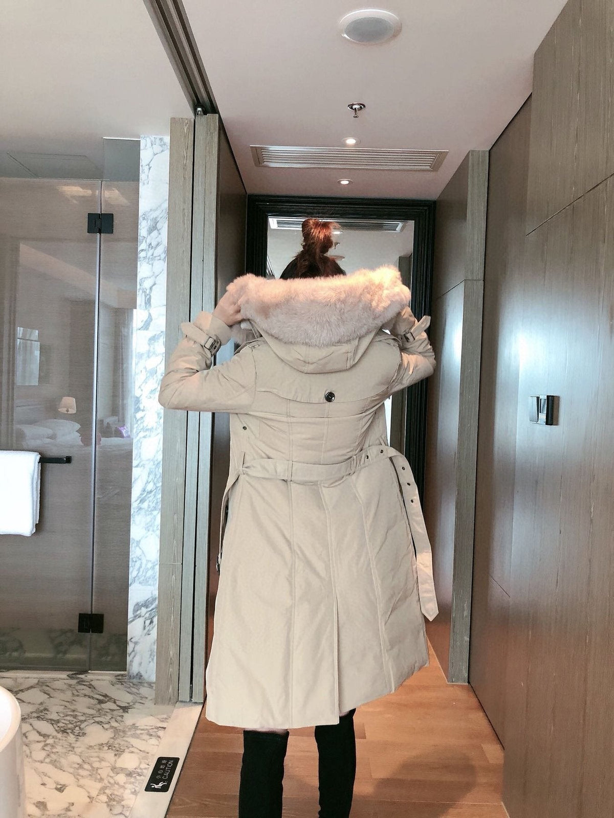 Burberry Fox Fur-Trim Belted Long Down Jacket