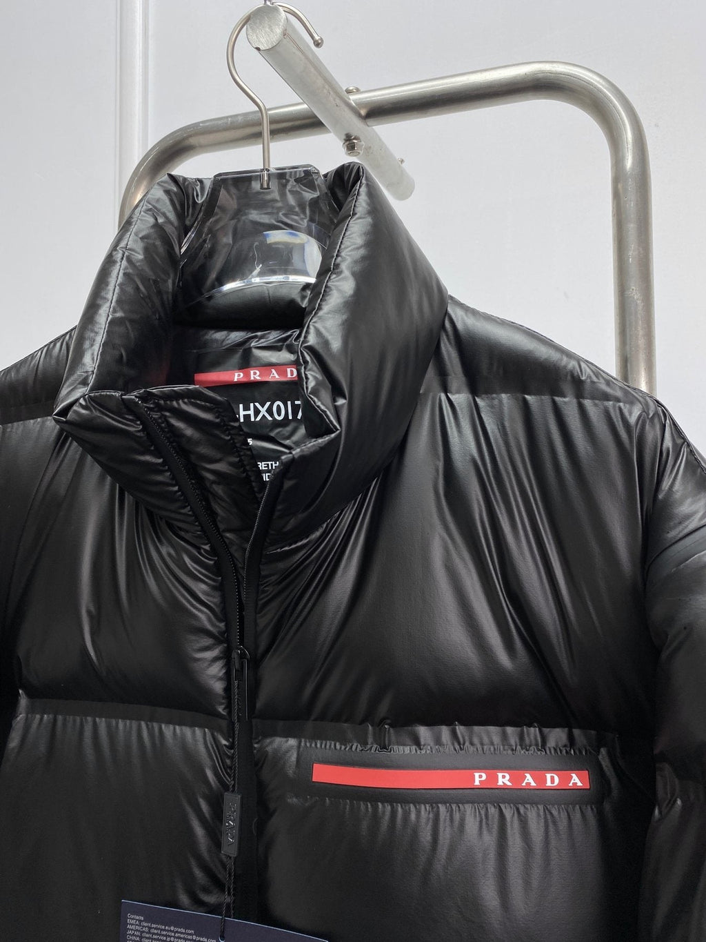 Prada Black Convertible Puffer Jacket with Red Chest Stripe