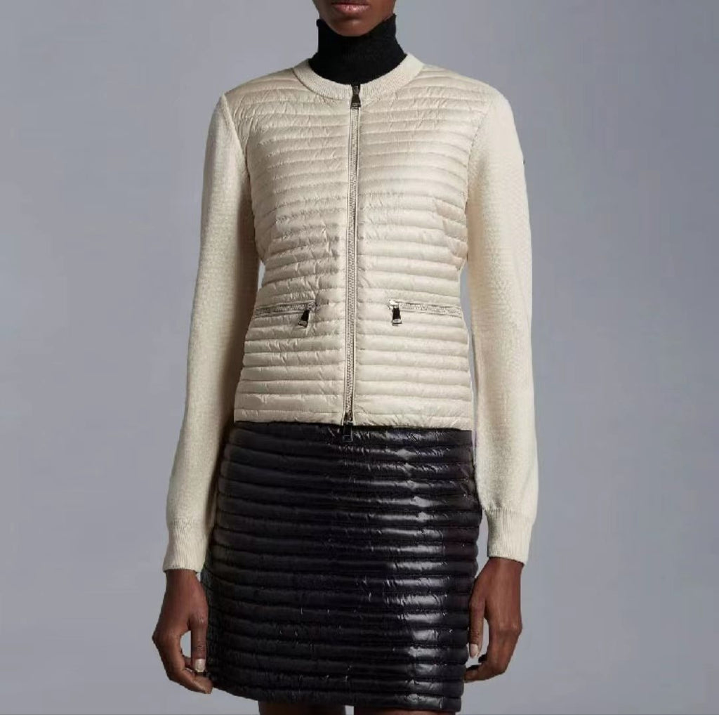 Moncler Quilted Knit-Sleeve Zip Down Jacket