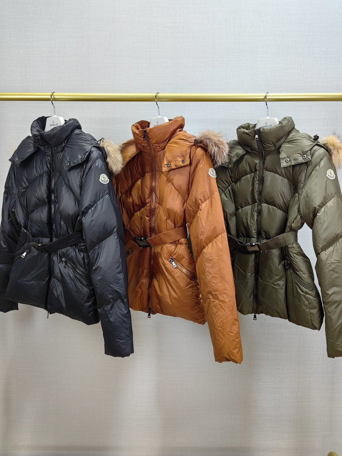 Moncler Women's Fur-Trim Hood Belted Short Down Coat