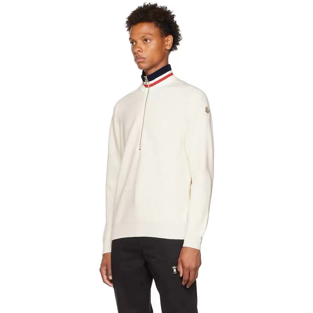 Moncler Rib-Knit Striped Collar Quarter-Zip Sweater