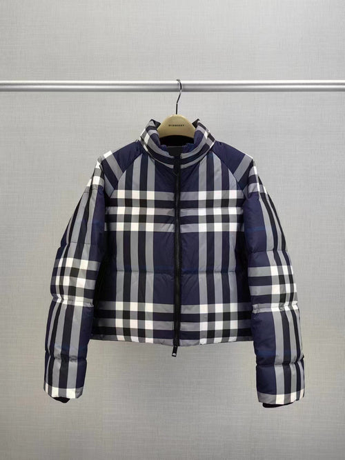 Burberry Beige and Navy Check Short Puffer Jacket