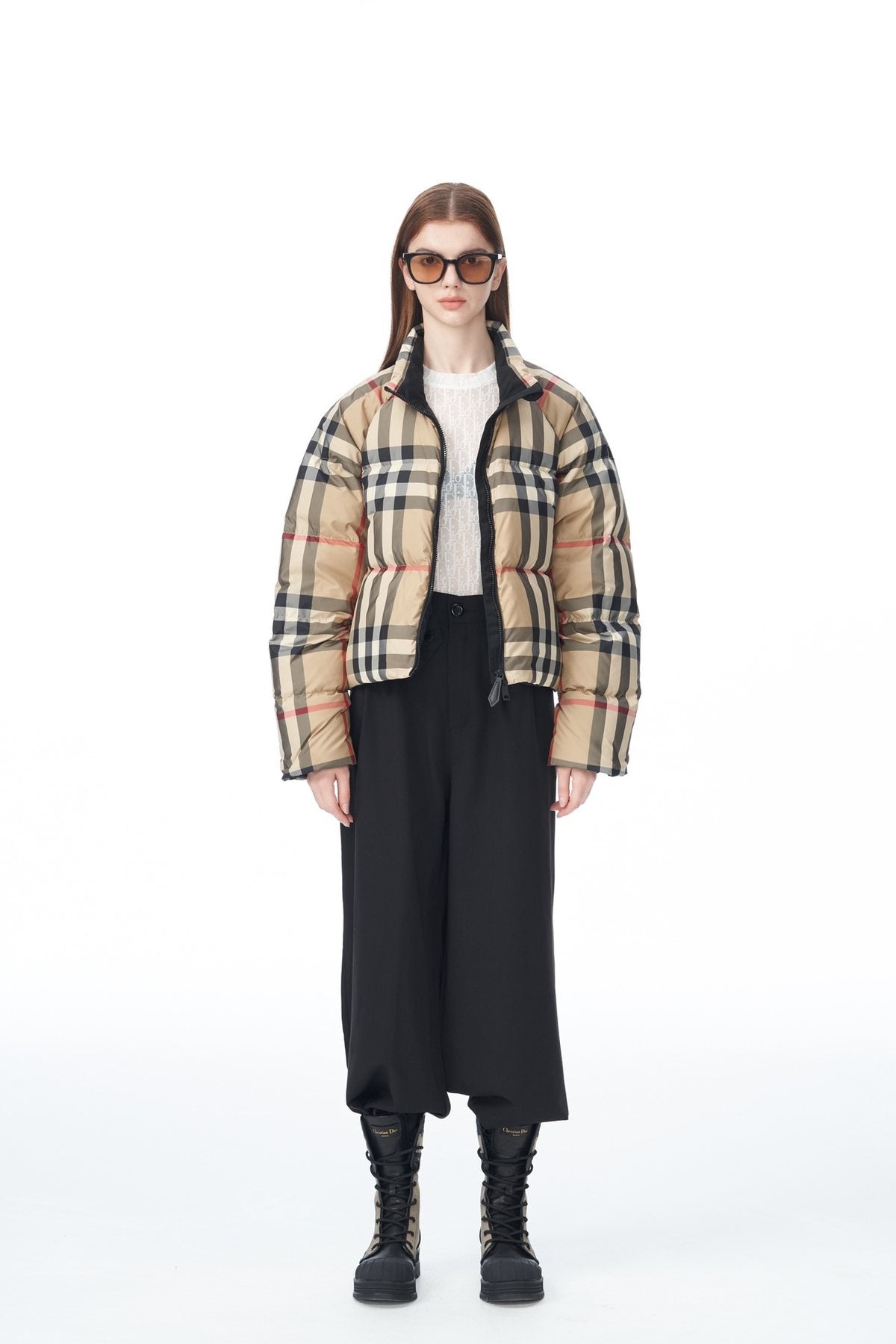 Burberry Beige and Navy Check Short Puffer Jacket