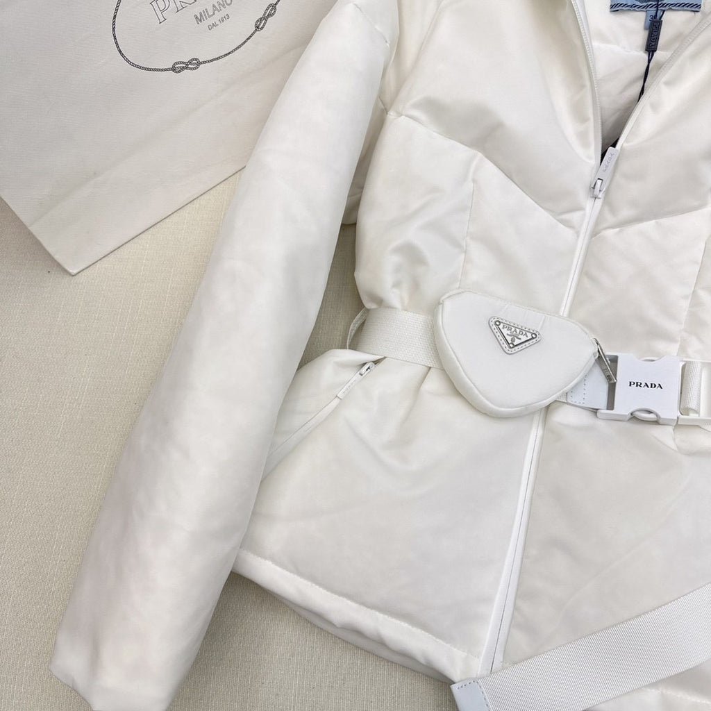 Prada Belted Hooded Short Down Jacket