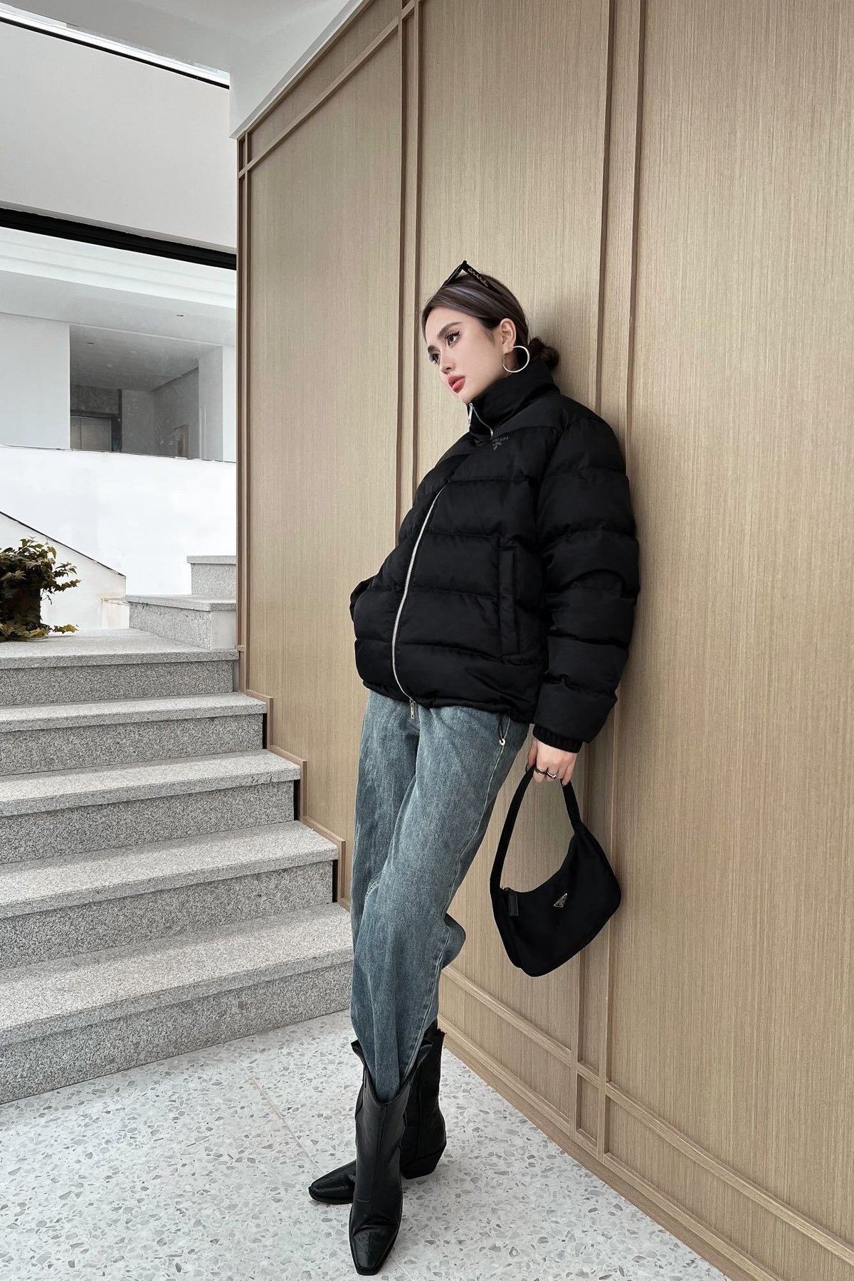 Prada Black Quilted Logo Puffer Jacket