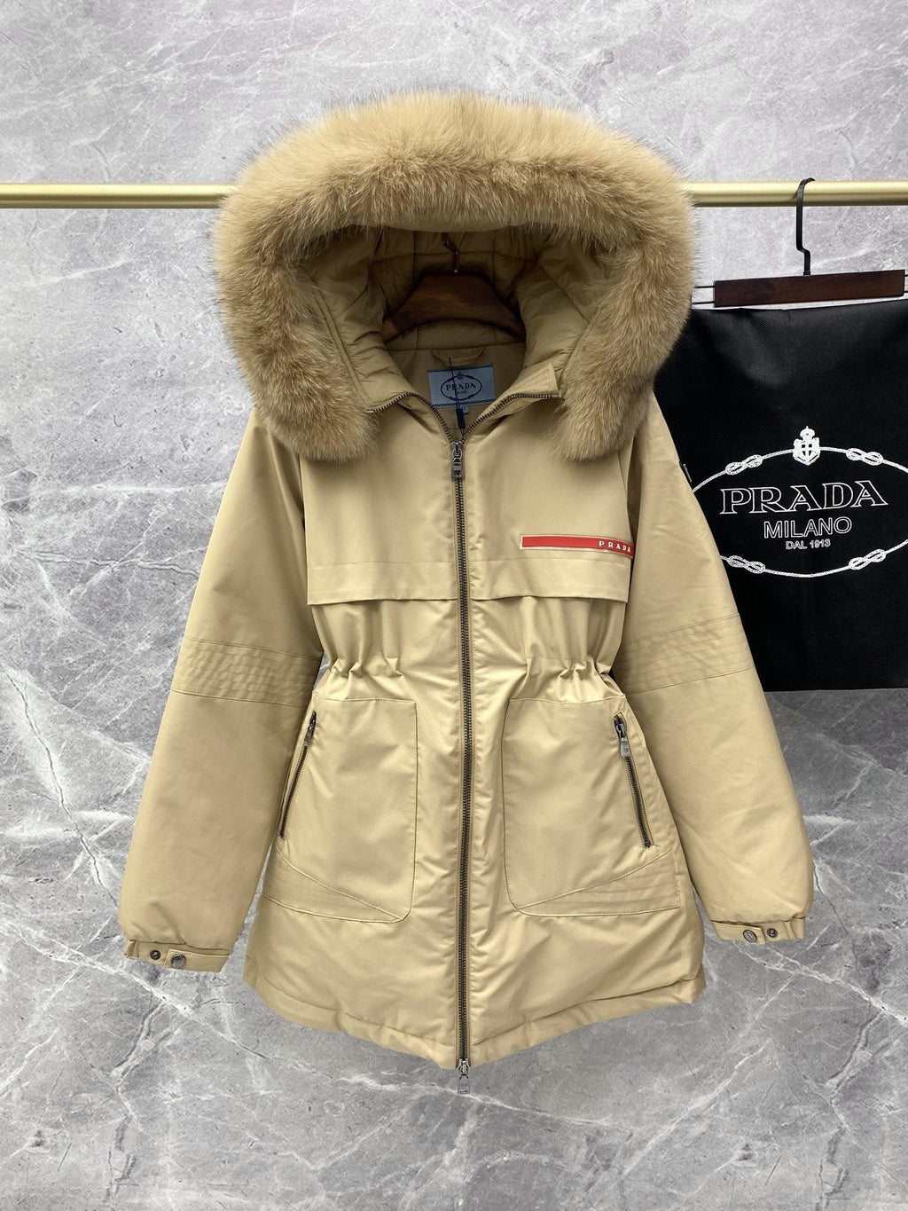 Prada Fur-Trim Hood Long Down Jacket