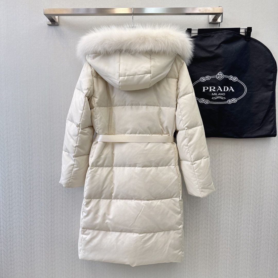 Prada Fur-Trim Hooded Longline Puffer Jacket