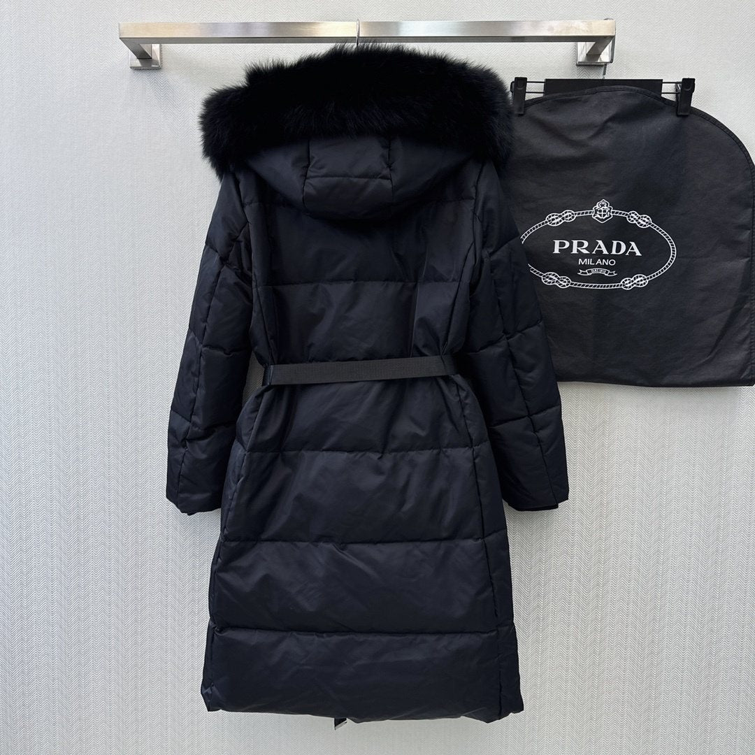Prada Fur-Trim Hooded Longline Puffer Jacket