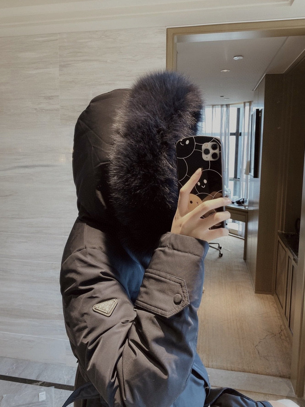 Prada Fur-Trim Hood Belted Long Down Jacket