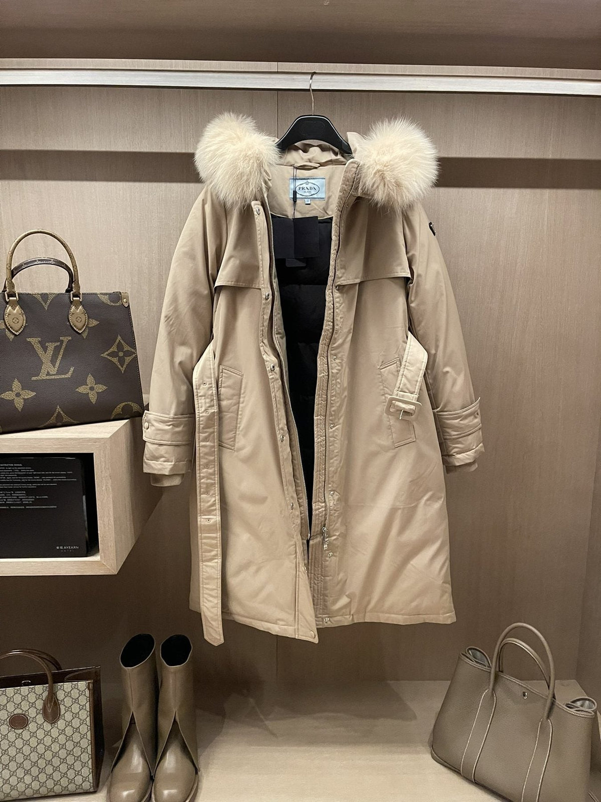 Prada Fur-Trim Hood Belted Long Down Jacket