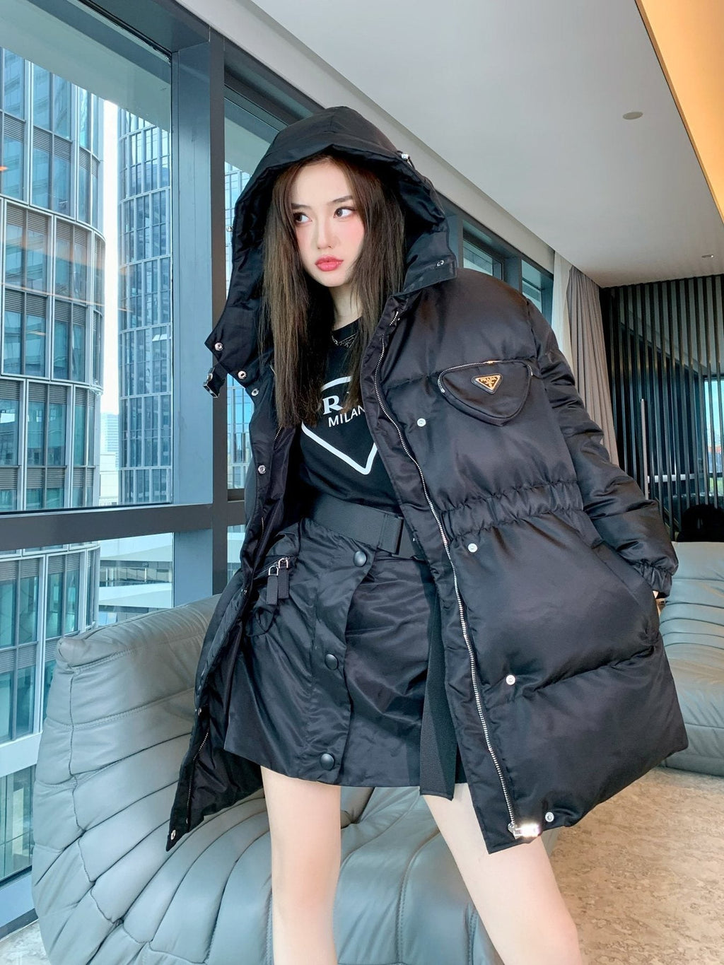Prada Hooded Gathered-Waist Puffer Jacket