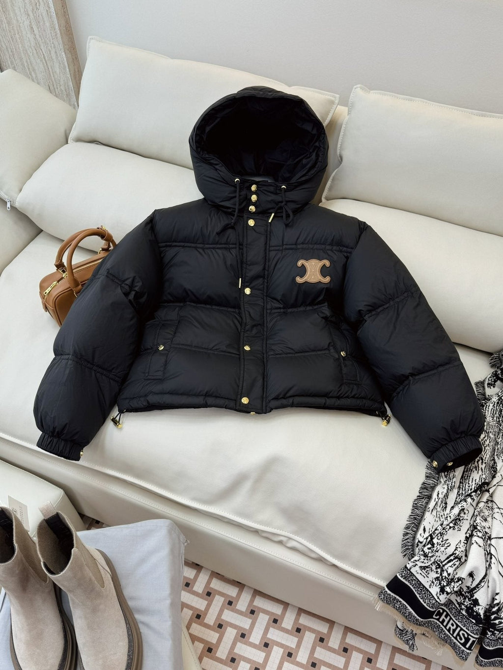 CELINE Down Coat Hooded Cropped Puffer Coat