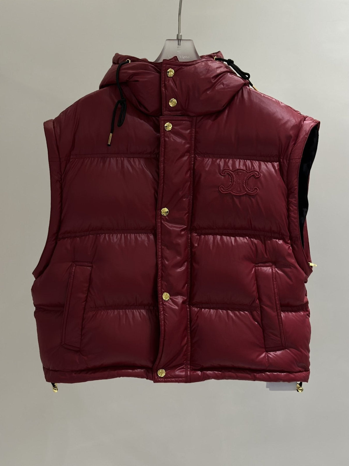 Celine Glossy Hooded Quilted Puffer Vest with Gold Buttons