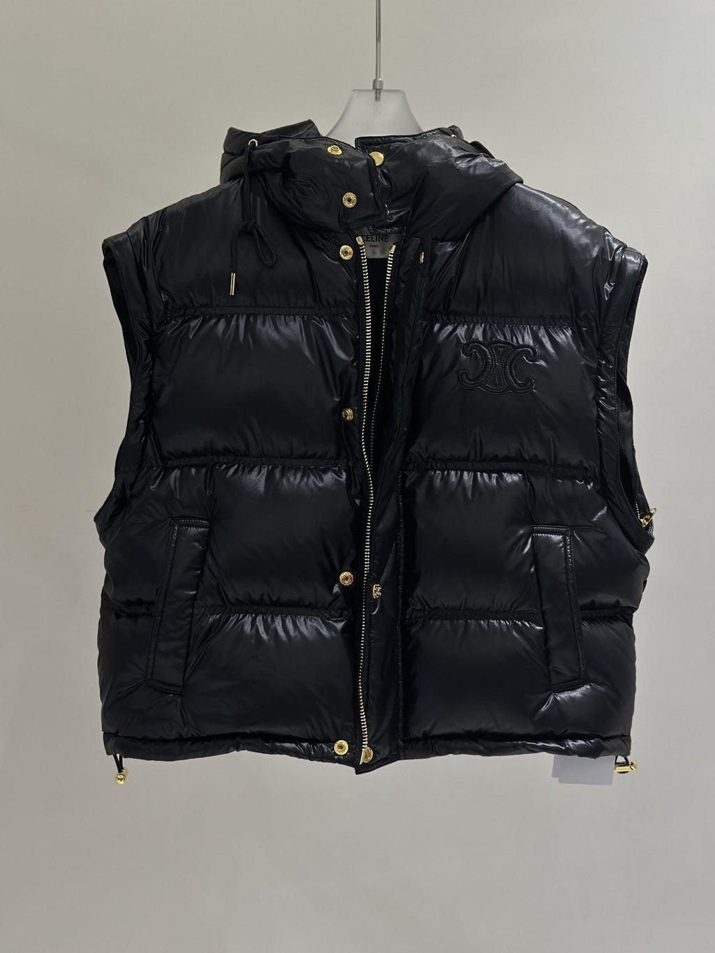 Celine Glossy Hooded Quilted Puffer Vest with Gold Buttons