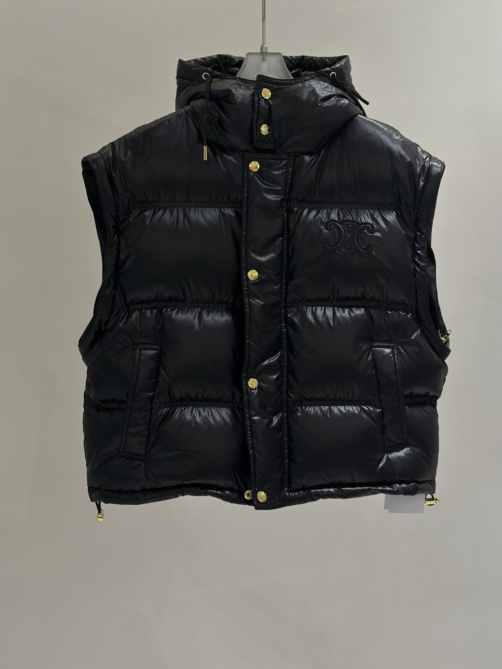 Celine Glossy Hooded Quilted Puffer Vest with Gold Buttons