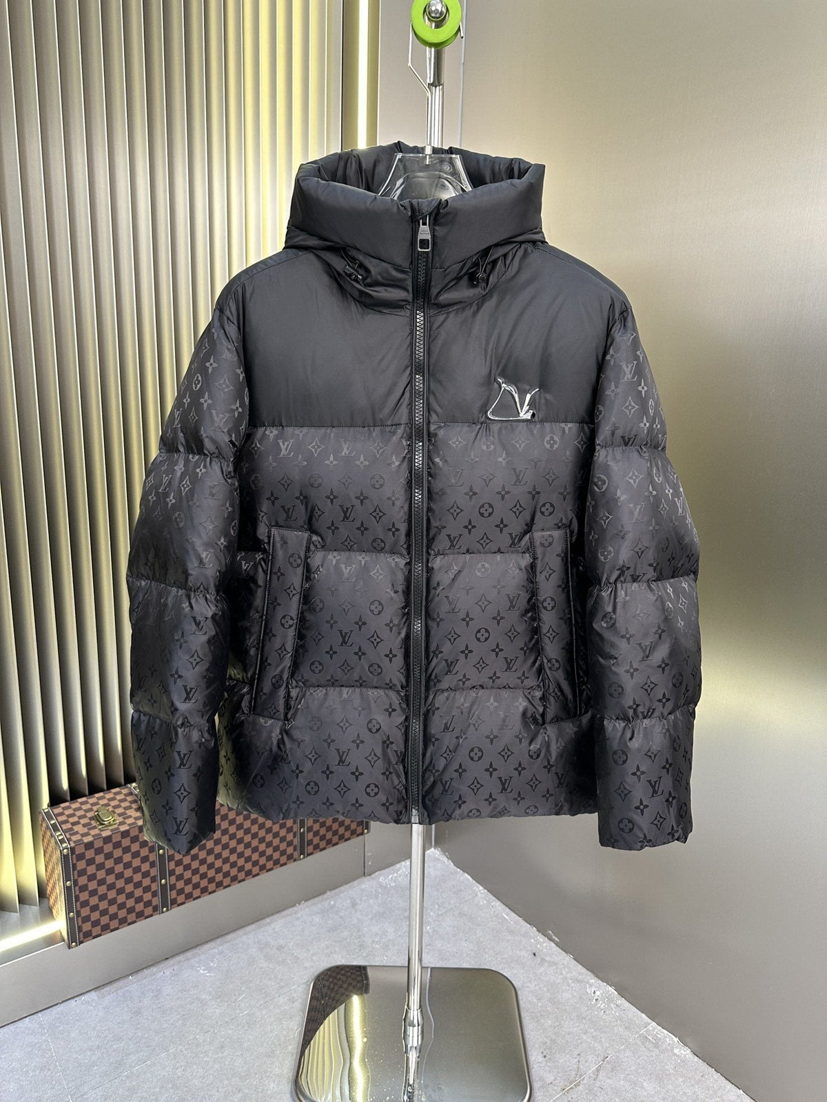 LV Hooded Monogram-Panel Puffer Coat