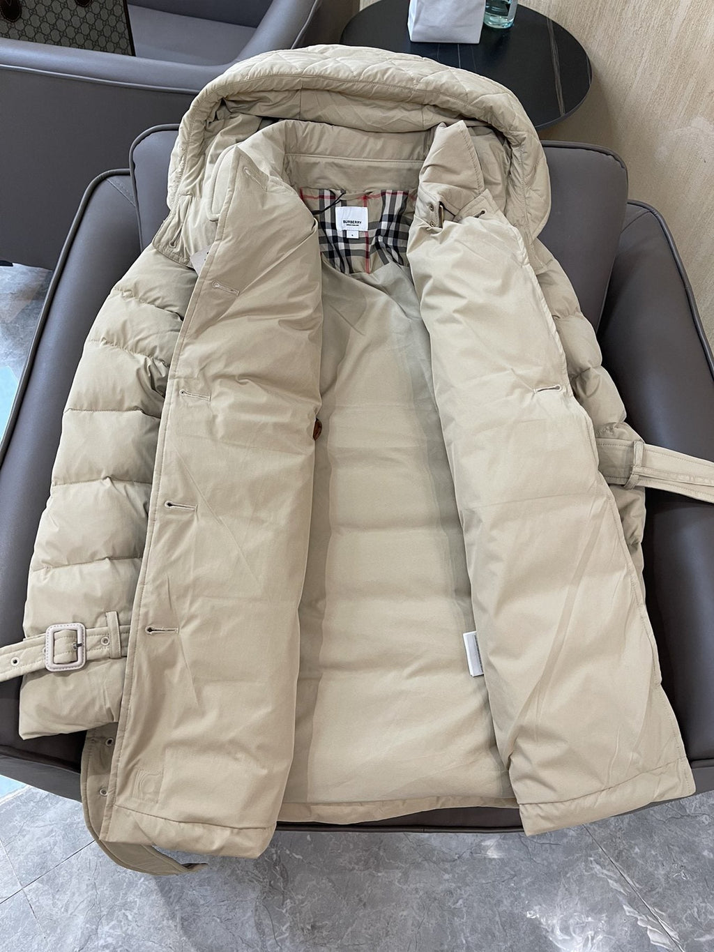 Burberry Belted Hooded Quilted Down Jacket