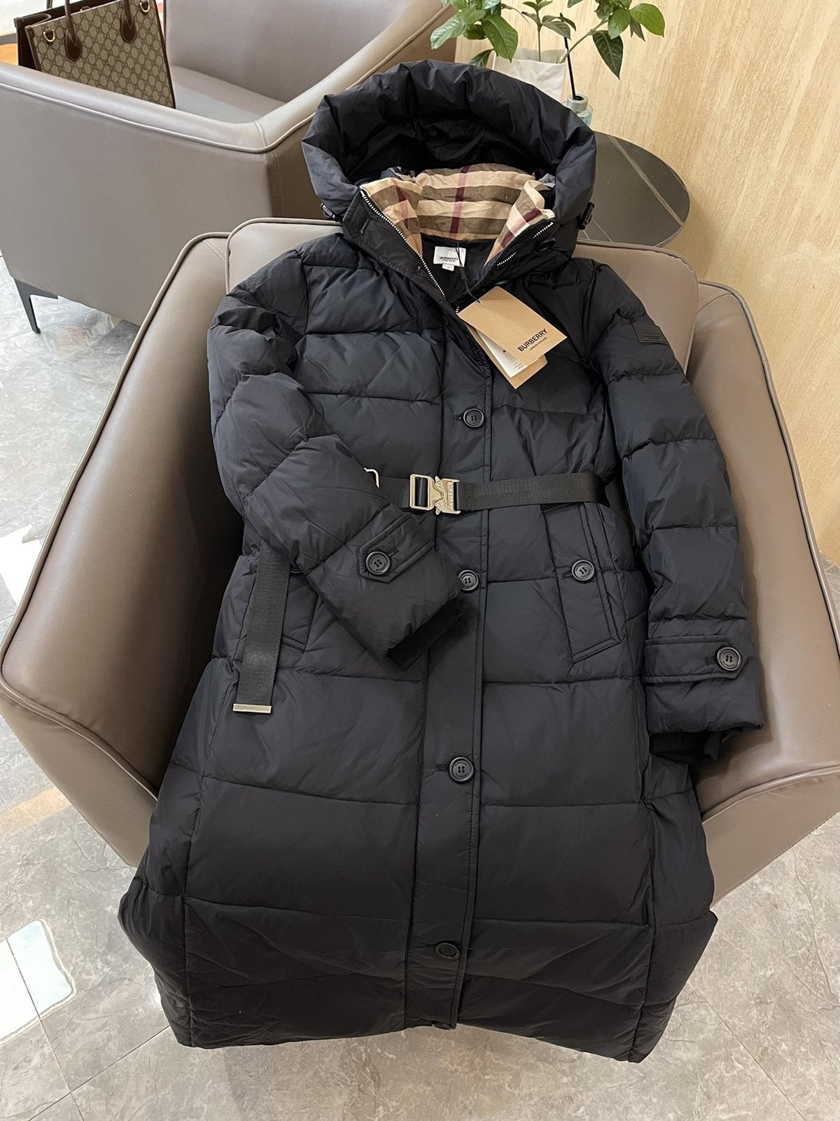 Burberry Belted Hooded Long Puffer Jacket