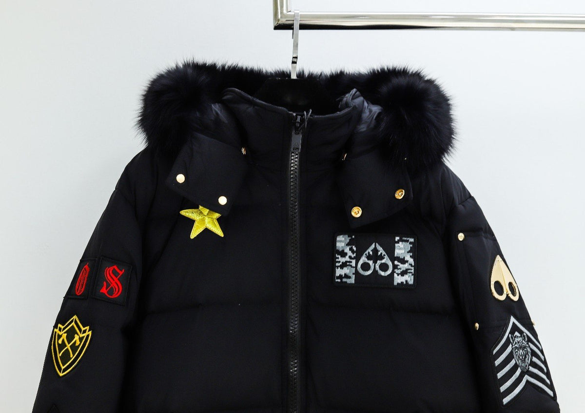 Moose Knuckles Black Fur-Trim Hooded Puffer Jacket