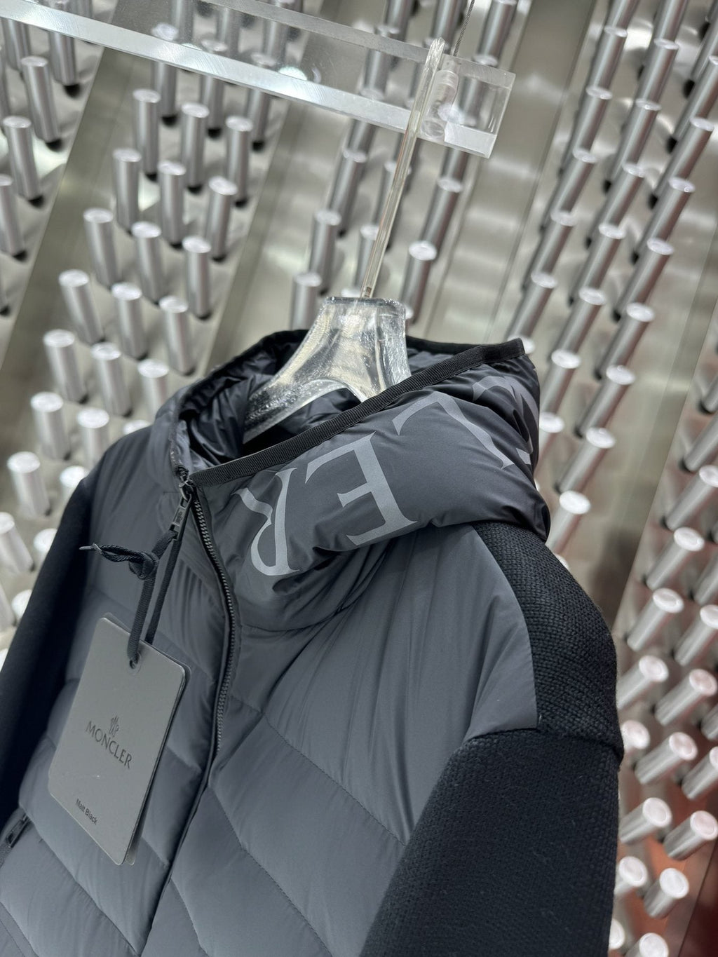 Moncler Grey Quilted Knit-Sleeve Hooded Puffer Jacket