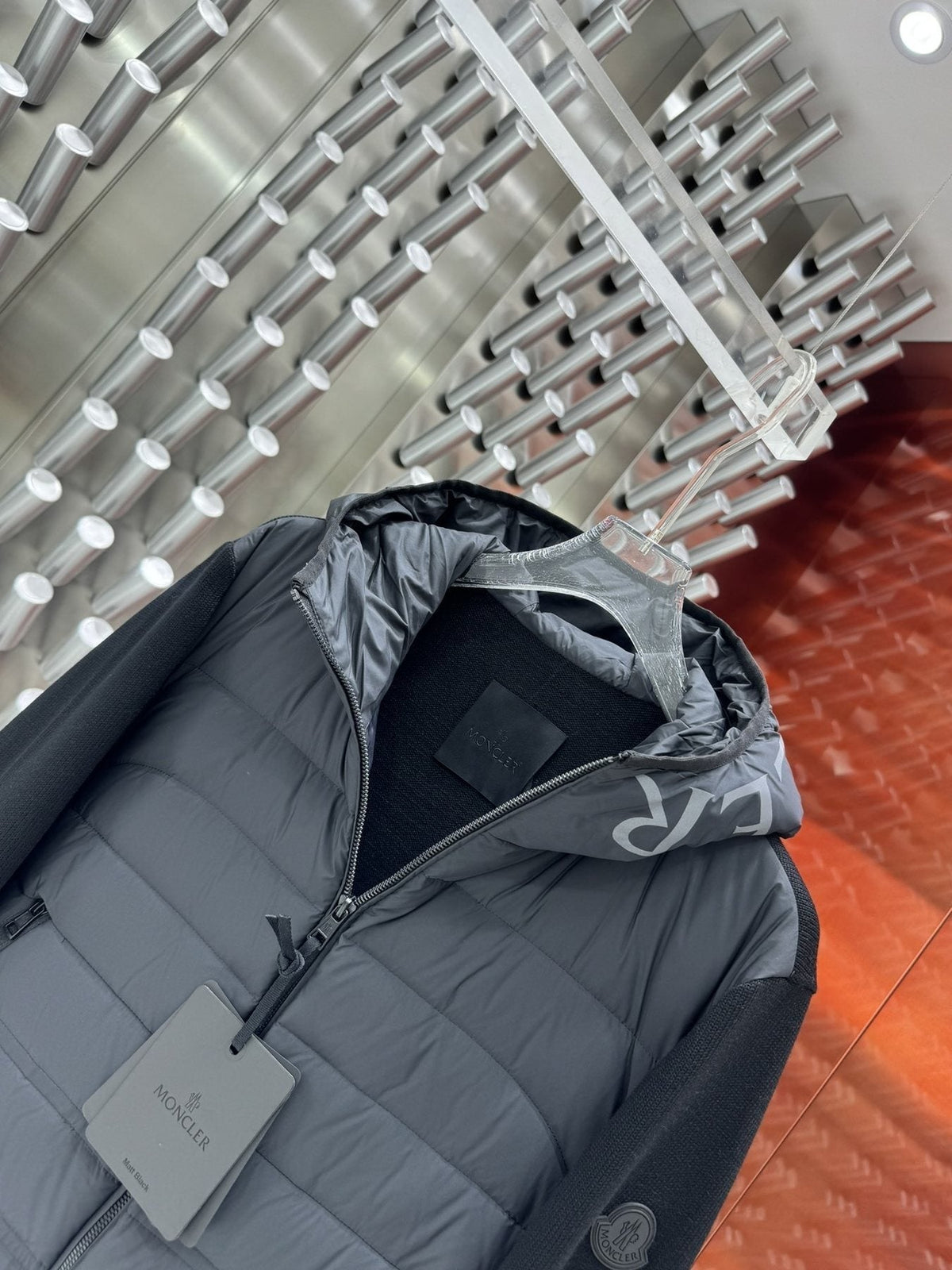 Moncler Grey Quilted Knit-Sleeve Hooded Puffer Jacket