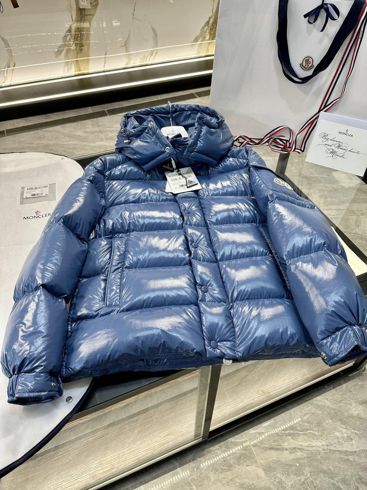 Moncler Maya 70 High-Shine Hooded Puffer Coat