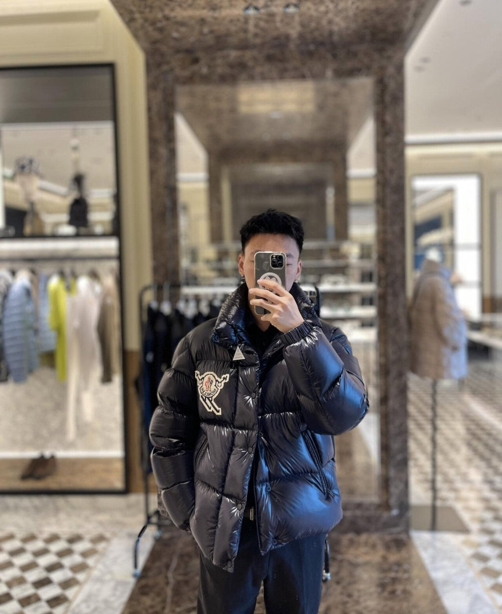 Moncler Pixel Skier Patch Short Down Coat