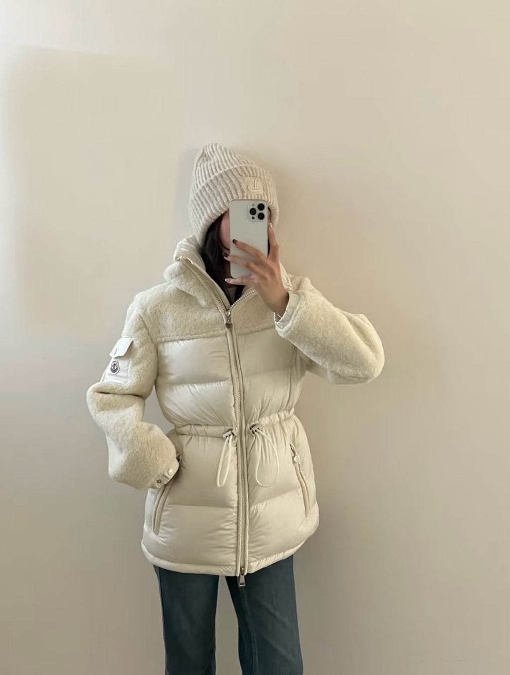 Moncler White Mixed-Panel Puffer Coat