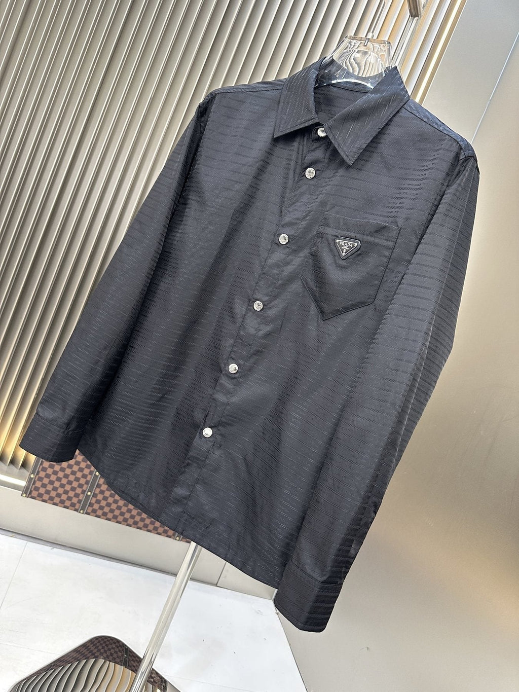 Prada Black Textured Long-Sleeve Button-Up Shirt