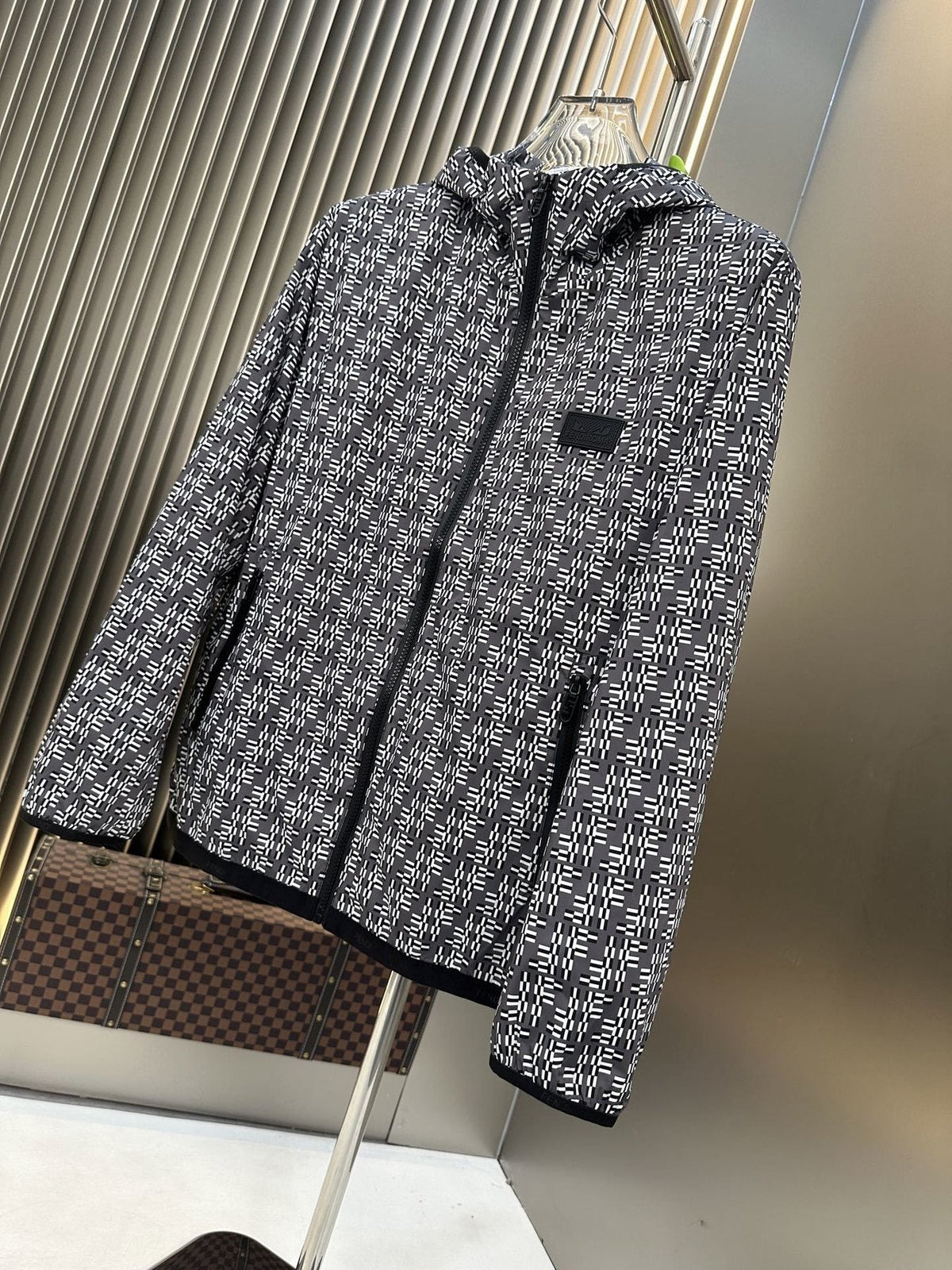 Fendi Black and White Pattern Hooded Zip-Front Jacket
