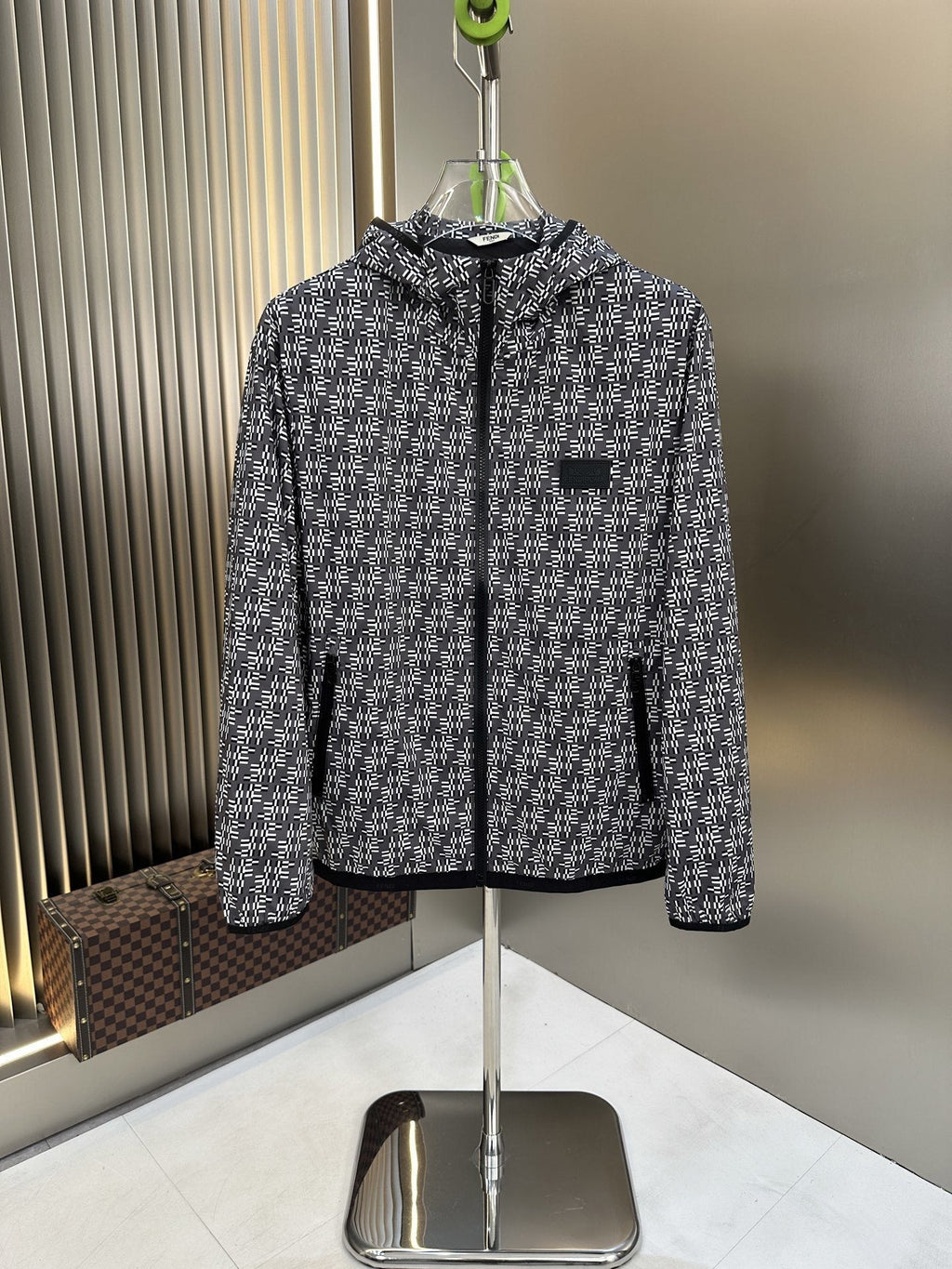 Fendi Black and White Pattern Hooded Zip-Front Jacket