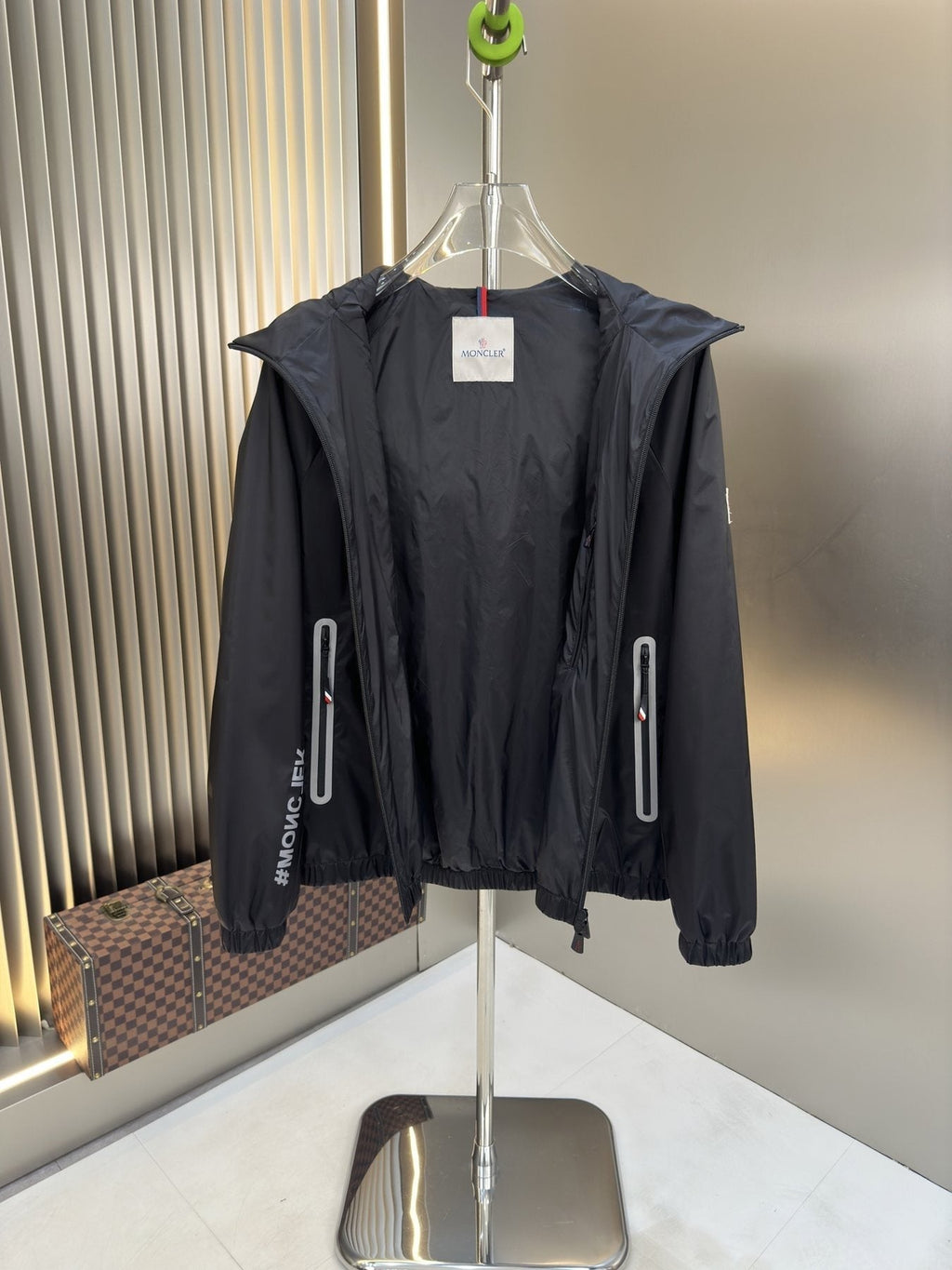 Moncler Hooded Zip-Front Jacket with Chest Emblem