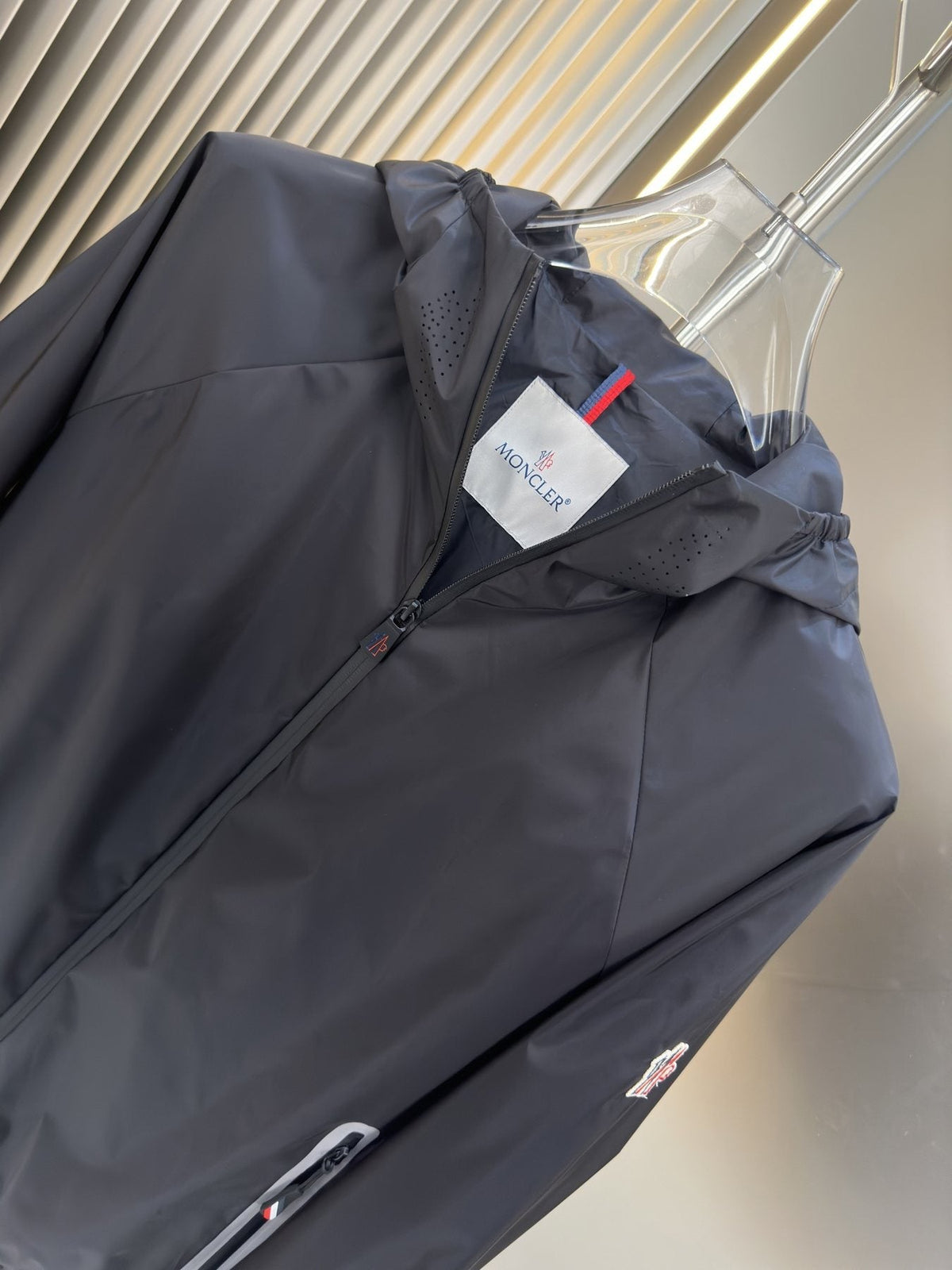 Moncler Hooded Zip-Front Jacket with Chest Emblem