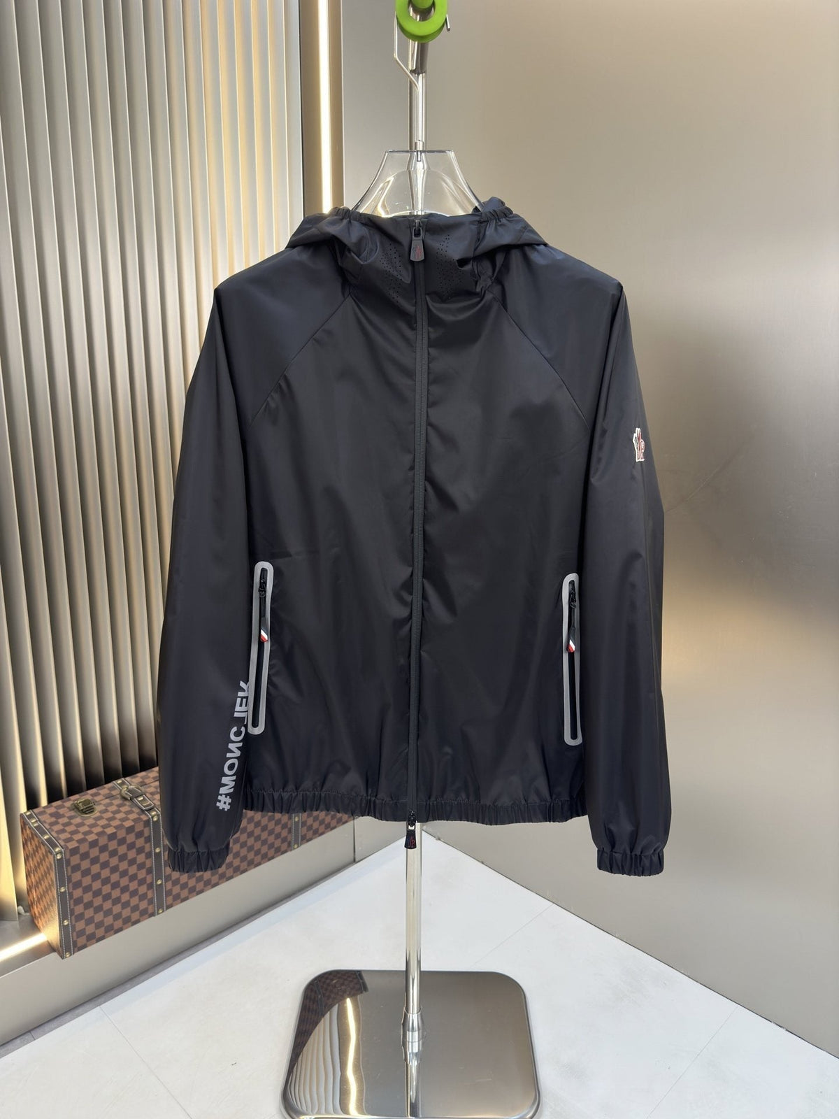Moncler Hooded Zip-Front Jacket with Chest Emblem