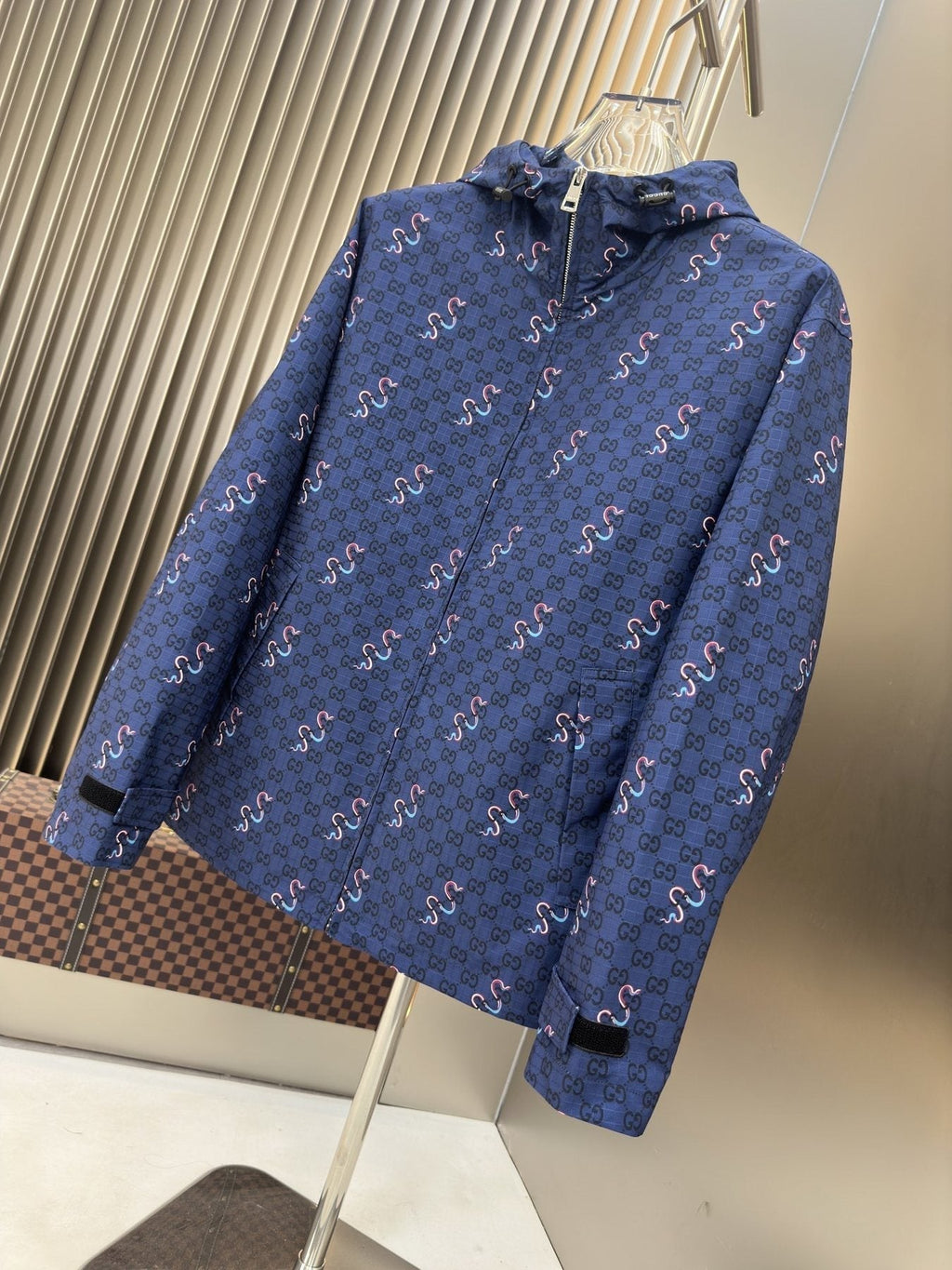 Gucci Blue Patterned Hooded Zip Jacket