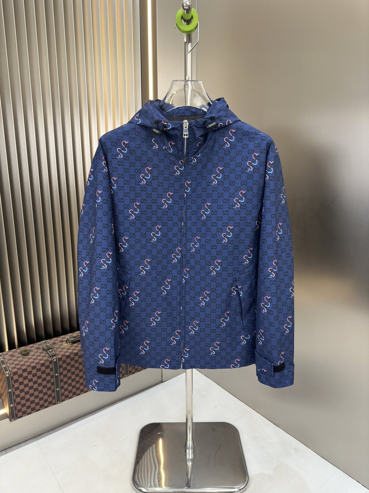 Gucci Blue Patterned Hooded Zip Jacket